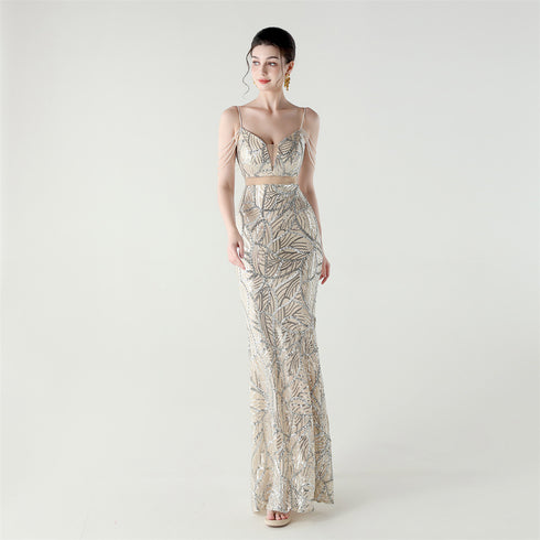 Graceful Sequin Embellished Mesh Mermaid Maxi Dress